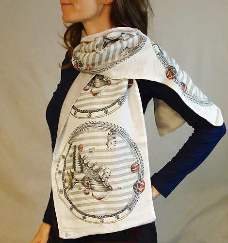 Tiger Shoe drawing round design, made into a scarf and modeled on a woman.