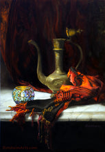 Cargar imagen en el visor de la galería, Turkish Light Still Life Painting Red Drapery Inspired by Istanbul Glass
