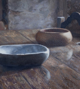 Detail of the painting Tuscan Table in warm browns, copper, and greys, wooden bowls reflect on an antique wooden table in Tuscany, Italy