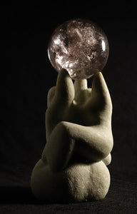 Love my Planet  stone and glass crystal ball 12 x 5.5 x 4.5 inches Mixed media sculpture by Vasily Fedorouk, couple tries to lift up the world