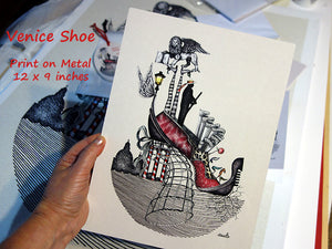 12 x 9 inch print on metal (aluminum) of the gorgeous illustration Venice Shoe by Dragana Adamov