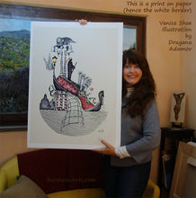 Load image into Gallery viewer, Artist Kelly Borsheim shows off the newest addition to her art collection, a print on paper of illustration Venice Shoe by her friend Dragana Adamov.  The print has been mounted on foam core, prior to framing.
