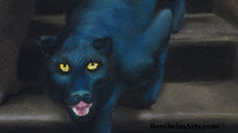 Load image into Gallery viewer, Detail Blue Panther with yellow eyes and open mouth Le Scale dell&#39;Eros [The Stairs of Love] Woman and Blue Panther Laws of Attraction - ORIGINAL Pastel Art
