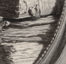 將圖片載入圖庫檢視器 Detail of Old Books and Oval frame with beaded inter forms Library of Dreams Tower of Old Weathered Book Black and White Original Charcoal Drawing
